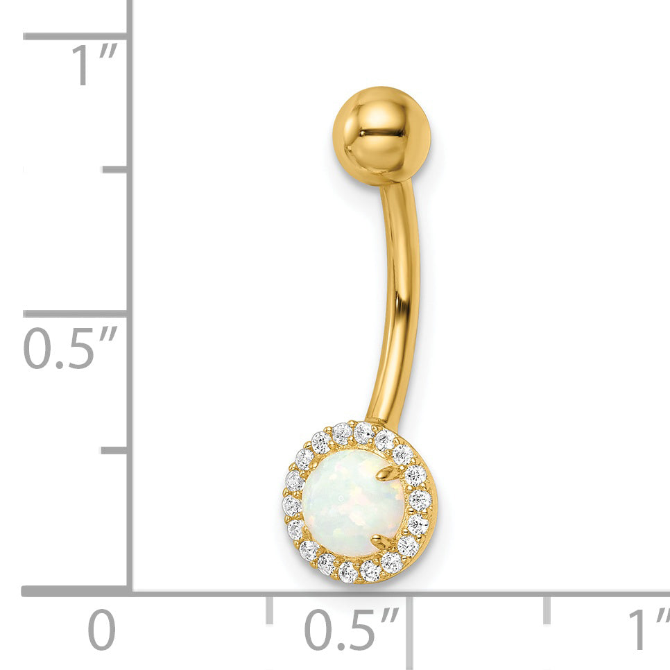 14k Yellow Gold  14 Gauge Created Opal and CZ Belly Ring