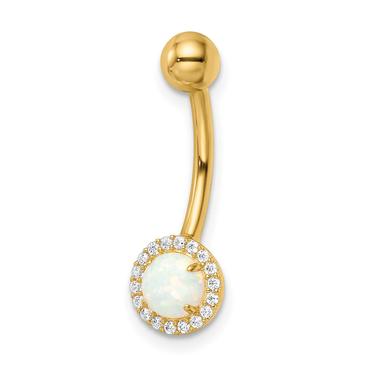 14k Yellow Gold  14 Gauge Created Opal and CZ Belly Ring