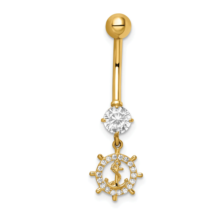 14k Gauge CZ Anchor & Ships Wheel Belly Ring