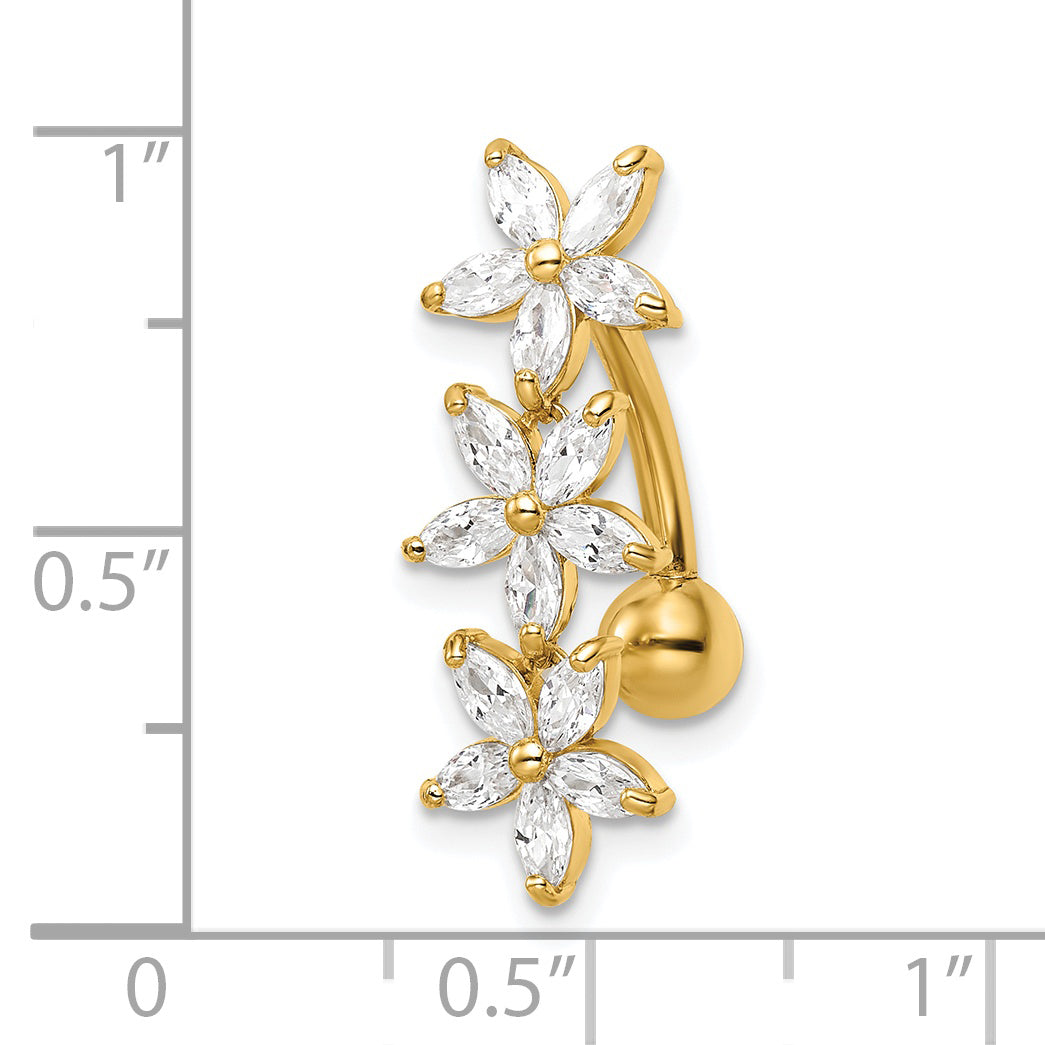 14k Gauge CZ 3 Flowers Dangle Belly Ring