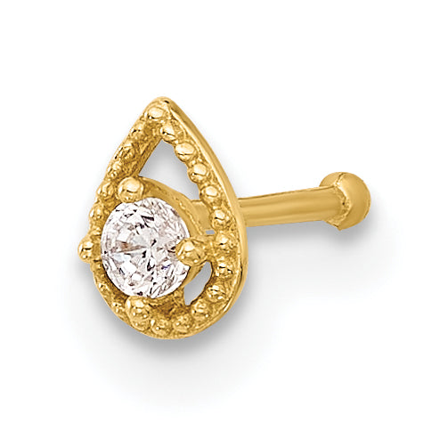 14k Yellow Gold  20 Gauge CZ Teardrop Nose Stud