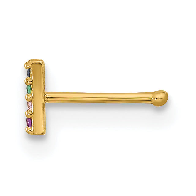 14k Yellow Gold  22 Gauge Multicolor CZ Bar Nose Stud