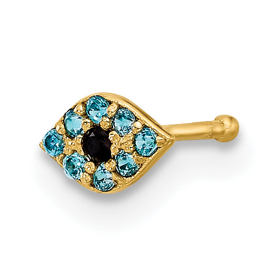 14k Yellow Gold  20 Gauge Blue CZ Evil Eye Nose Stud