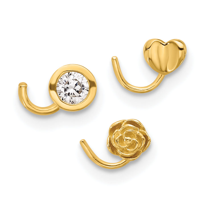 14k Yellow Gold  22 Gauge CZ, Flower and Heart Nose Ring Set