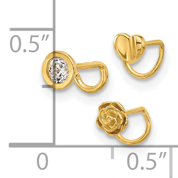 14k Yellow Gold  22 Gauge CZ, Flower and Heart Nose Ring Set