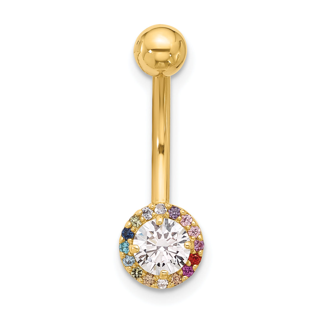 14k Yellow Gold 14 Gauge Polished Rainbow CZ Belly / Navel Ring