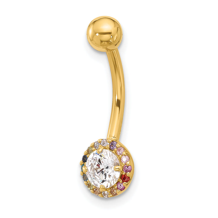 14k Yellow Gold 14 Gauge Polished Rainbow CZ Belly / Navel Ring