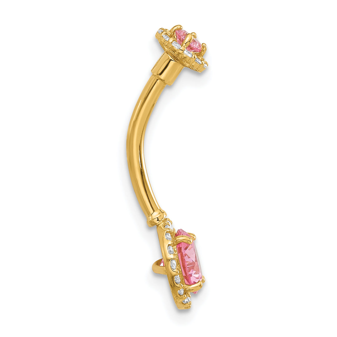 14K Yellow Gold 14 Gauge Polished Pink and White CZ Navel/Belly Ring