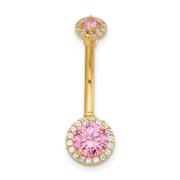 14K Yellow Gold 14 Gauge Polished Pink and White CZ Navel/Belly Ring