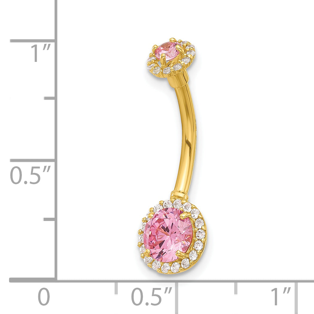 14K Yellow Gold 14 Gauge Polished Pink and White CZ Navel/Belly Ring