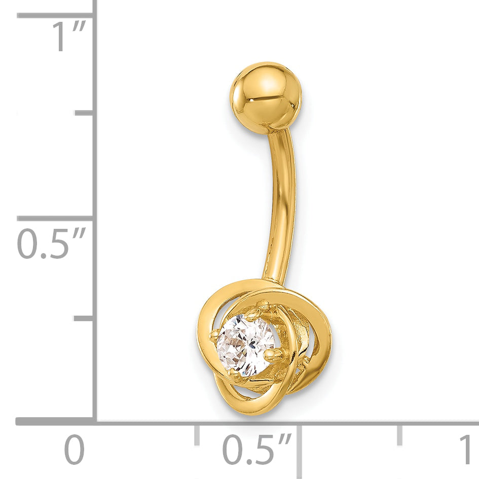 14K Yellow Gold 14 Gauge Polished CZ Love Knot Navel/Belly Ring