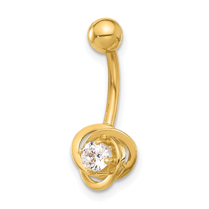 14K Yellow Gold 14 Gauge Polished CZ Love Knot Navel/Belly Ring