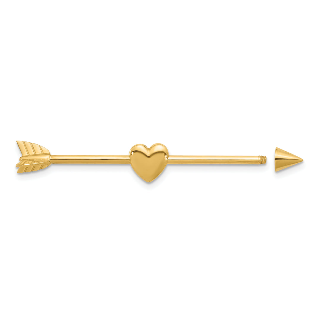 14k Yellow Gold  14 Gauge Polished Arrow with Heart eyebrow Body Jewelry