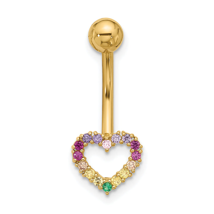 14k Gauge Polished Rainbow CZ Heart Belly / Navel Ring