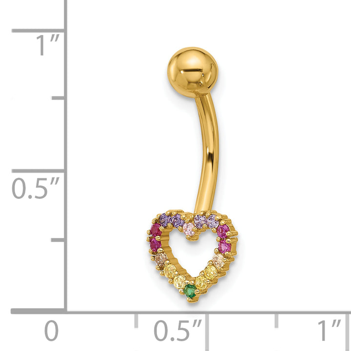 14k Gauge Polished Rainbow CZ Heart Belly / Navel Ring