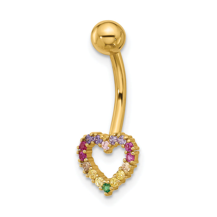 14k Gauge Polished Rainbow CZ Heart Belly / Navel Ring