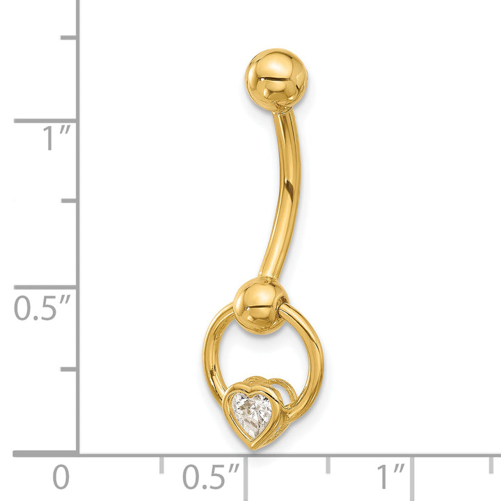 14k Gauge Polished CZ Heart Dangle Navel/Belly Ring