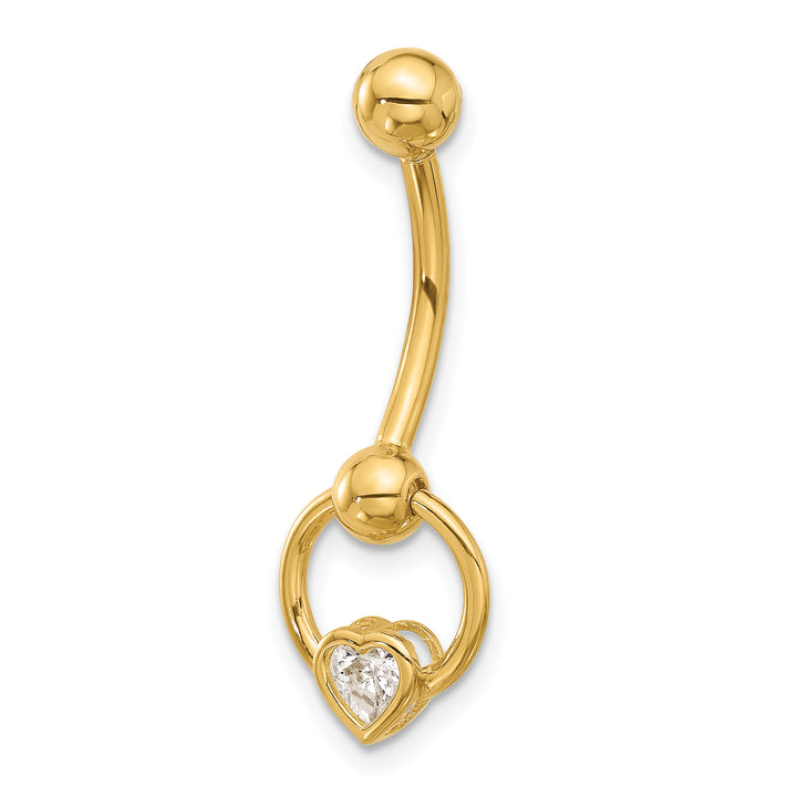 14k Gauge Polished CZ Heart Dangle Navel/Belly Ring