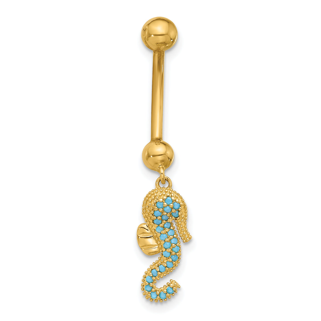 14k Gauge Polished Blue CZ Seahorse Dangle Navel/Belly Ring