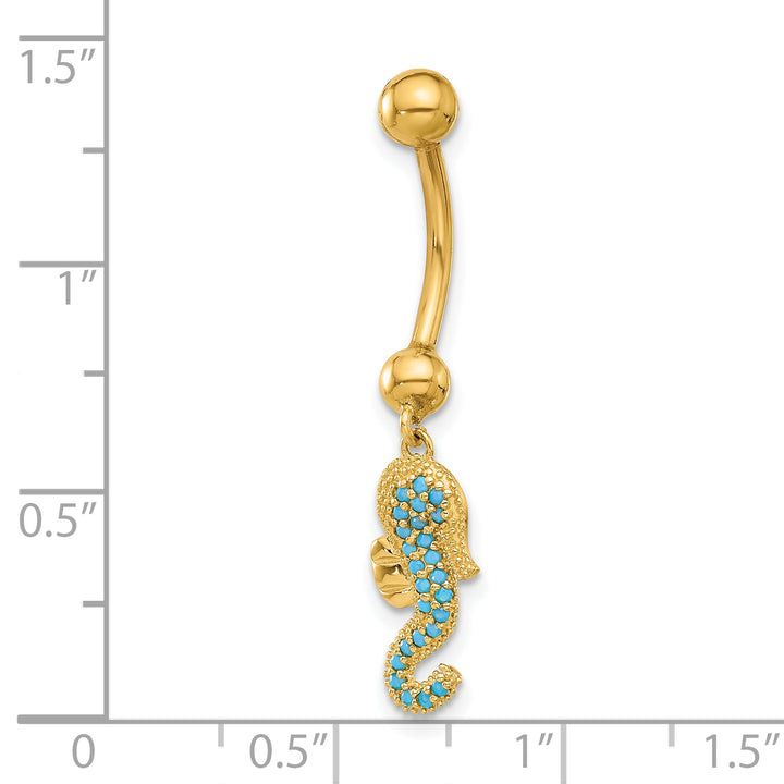 14k Gauge Polished Blue CZ Seahorse Dangle Navel/Belly Ring