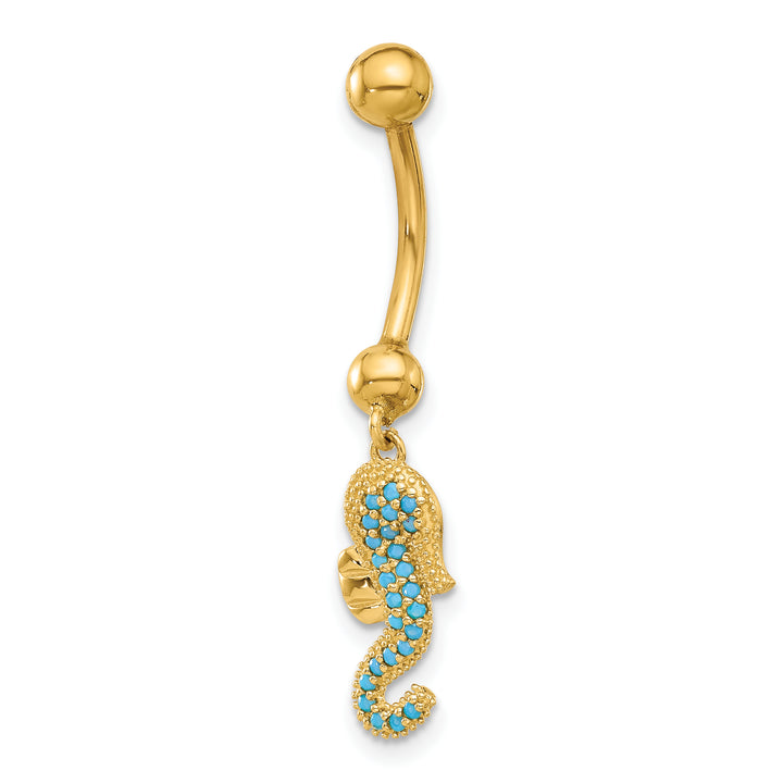 14k Gauge Polished Blue CZ Seahorse Dangle Navel/Belly Ring