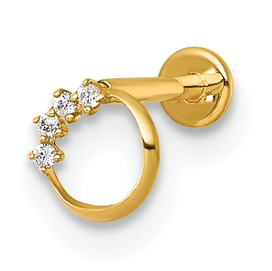 14K Yellow Gold 18 Gauge Polished CZ Open Circle Labret Stud
