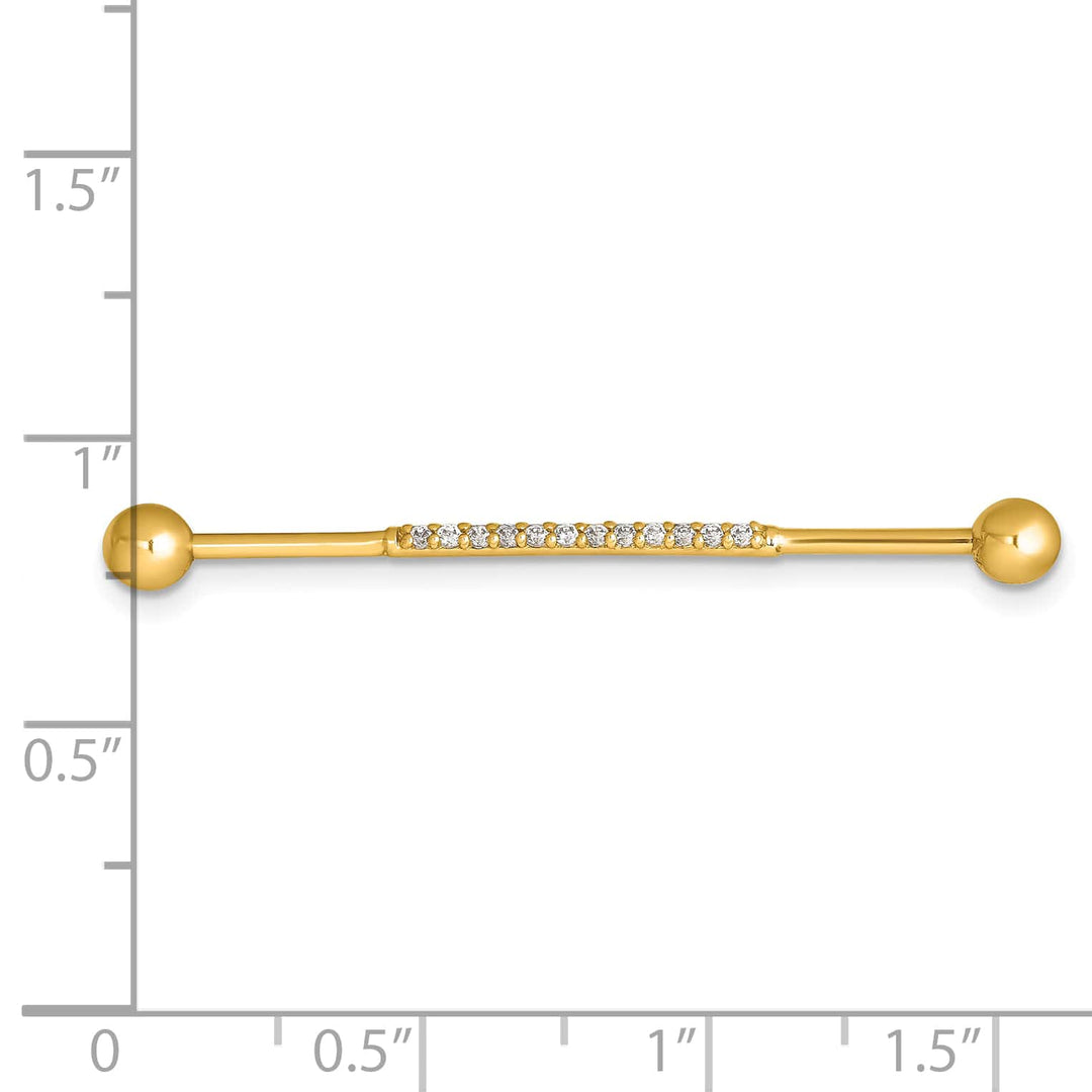 14K Yellow Gold 16 Gauge Polished CZ Industrial Bar
