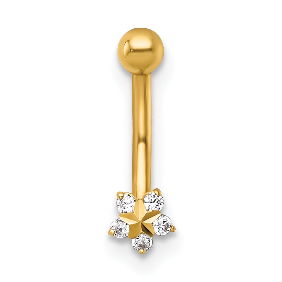 14K Yellow Gold 16 Gauge Polished and D.C. CZ Flower Eyebrow Jewelry