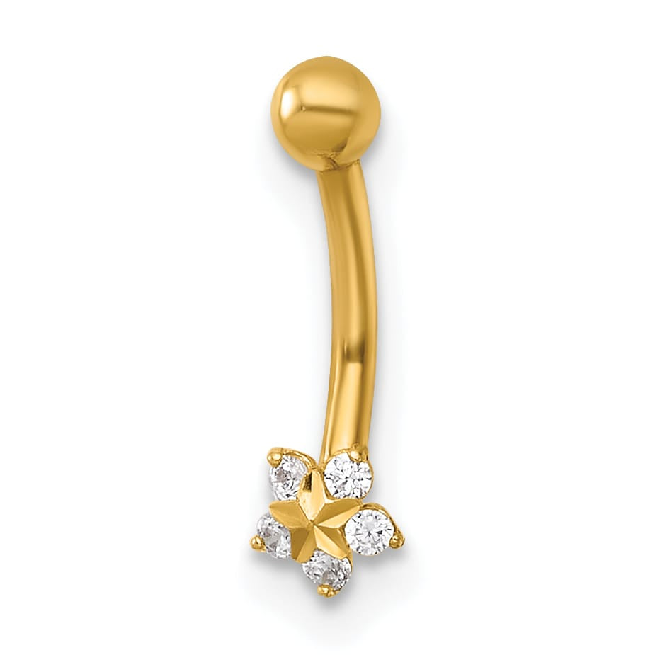 14K Yellow Gold 16 Gauge Polished and D.C. CZ Flower Eyebrow Jewelry