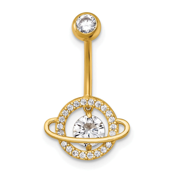 14K Yellow Gold 16 Gauge Polished Moving CZ Saturn Planet Navel Ring
