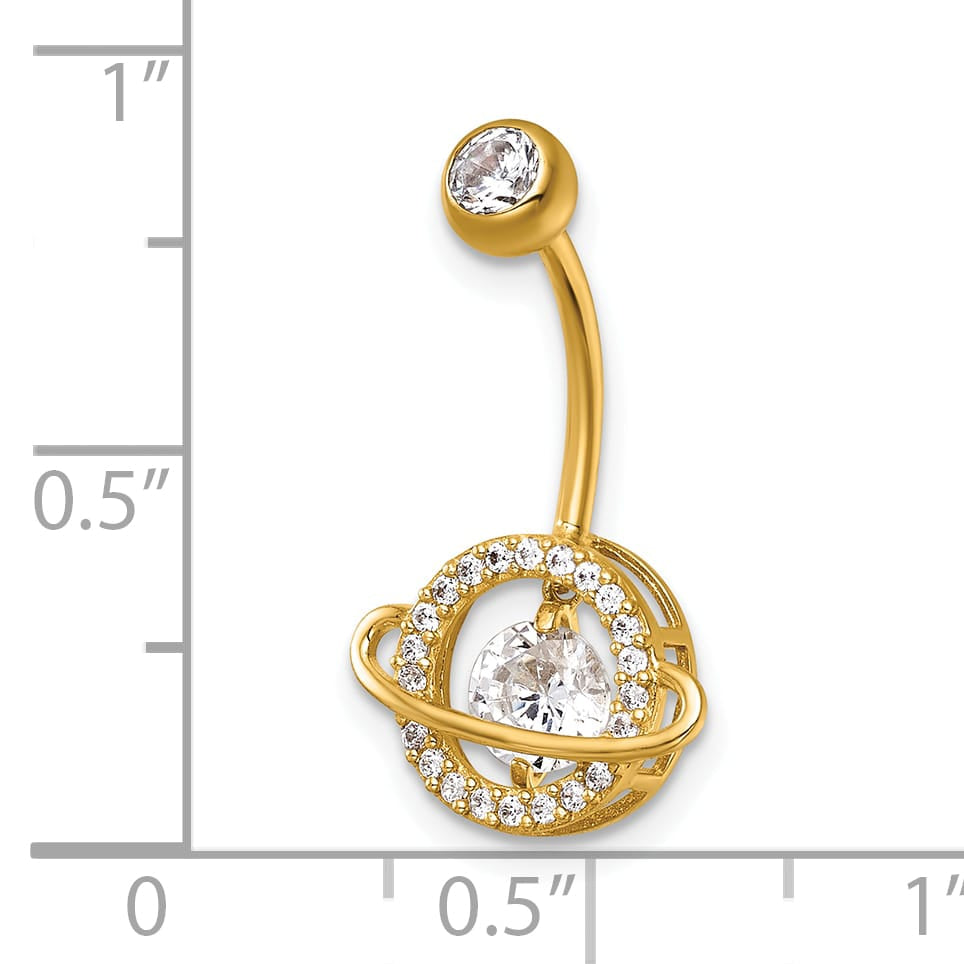 14K Yellow Gold 16 Gauge Polished Moving CZ Saturn Planet Navel Ring