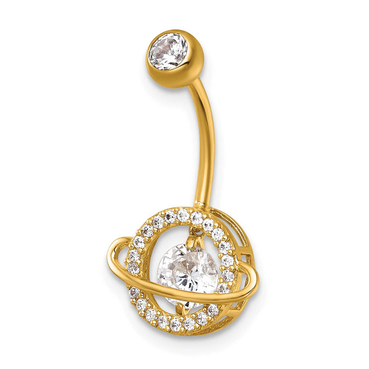 14K Yellow Gold 16 Gauge Polished Moving CZ Saturn Planet Navel Ring