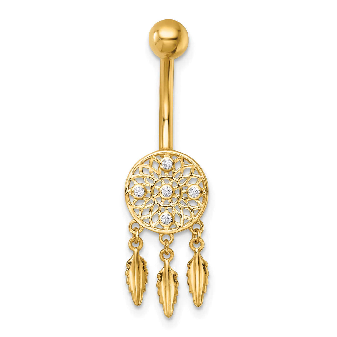 14K Yellow Gold 14 Gauge Polished CZ Dream Catcher Navel Ring