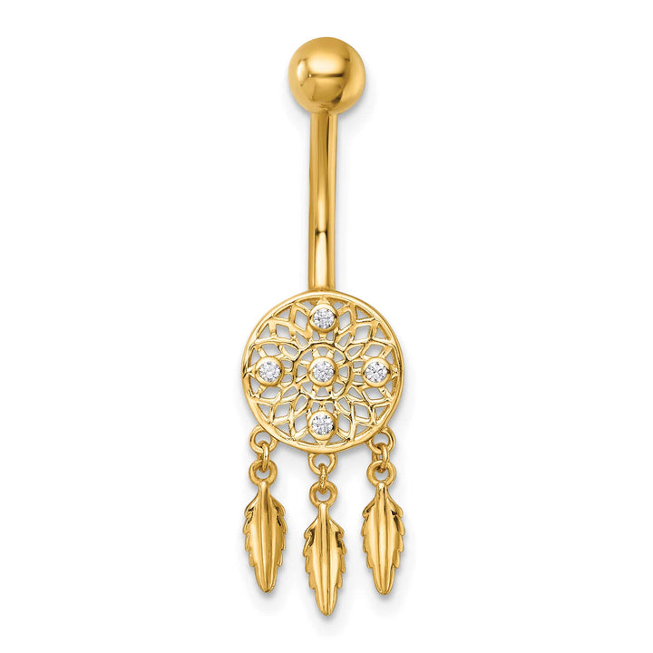 14K Yellow Gold 14 Gauge Polished CZ Dream Catcher Navel Ring