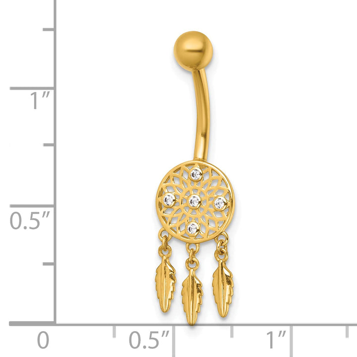 14K Yellow Gold 14 Gauge Polished CZ Dream Catcher Navel Ring