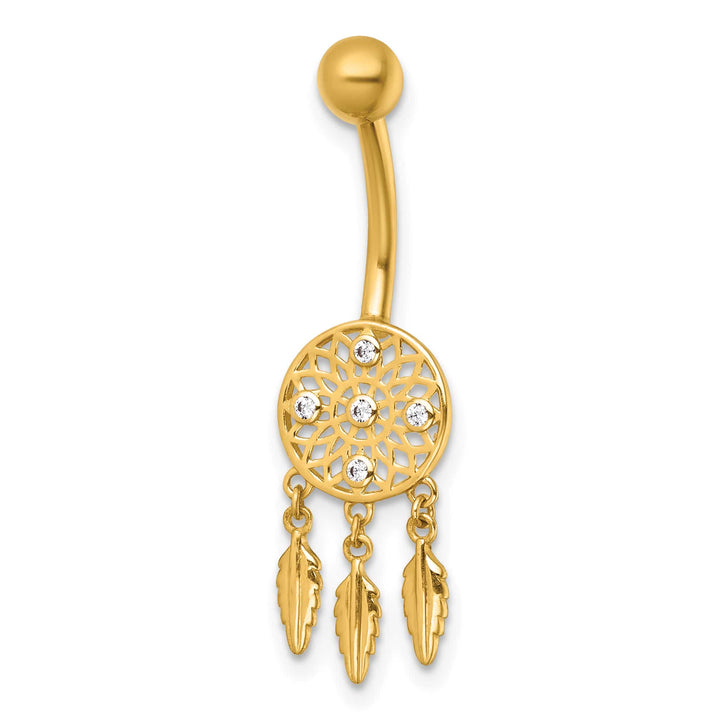 14K Yellow Gold 14 Gauge Polished CZ Dream Catcher Navel Ring