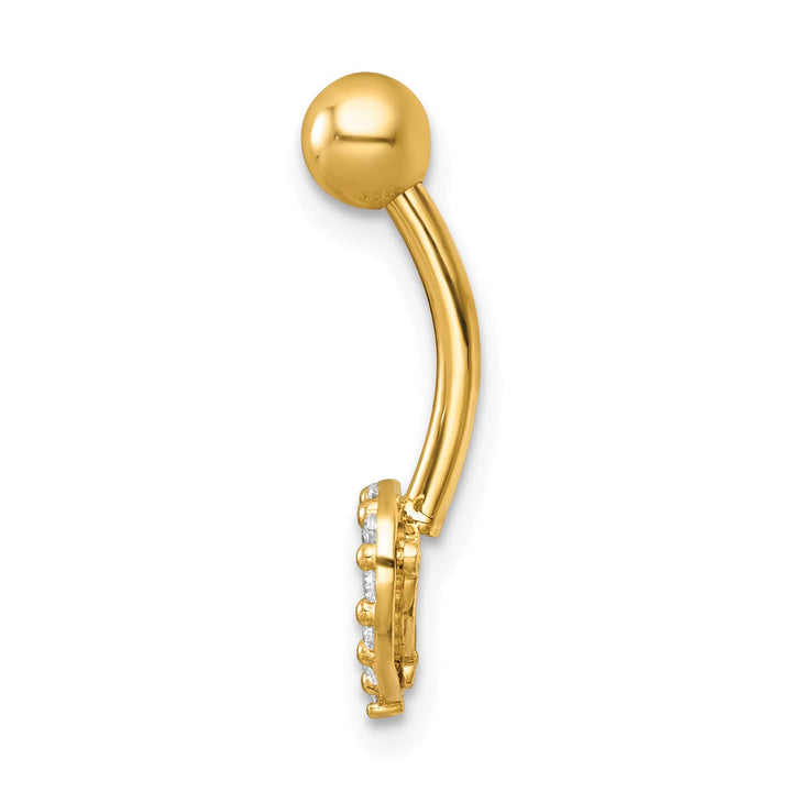 14K Yellow Gold 14 Gauge Polished Pave CZ Heart Navel Ring