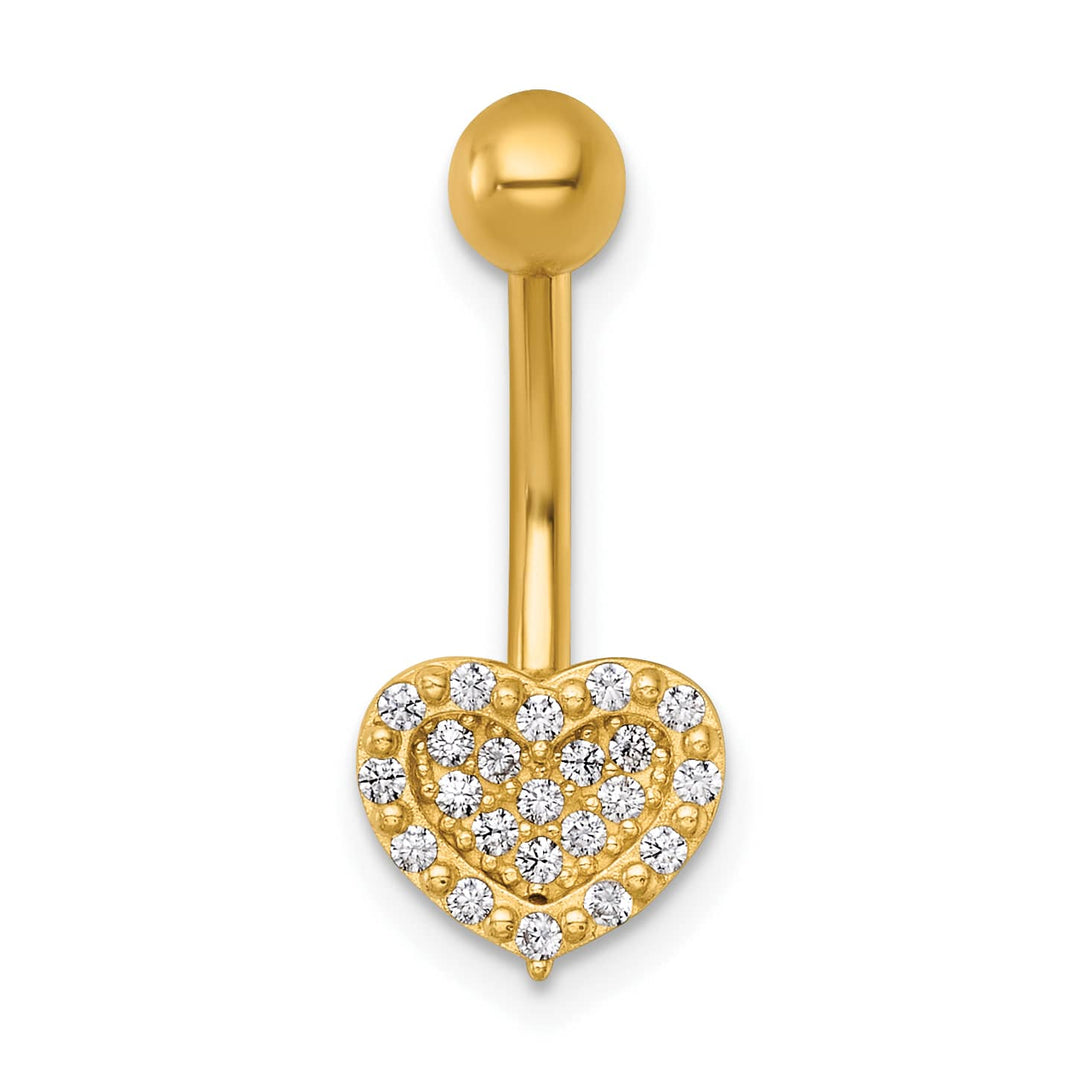 14K Yellow Gold 14 Gauge Polished Pave CZ Heart Navel Ring