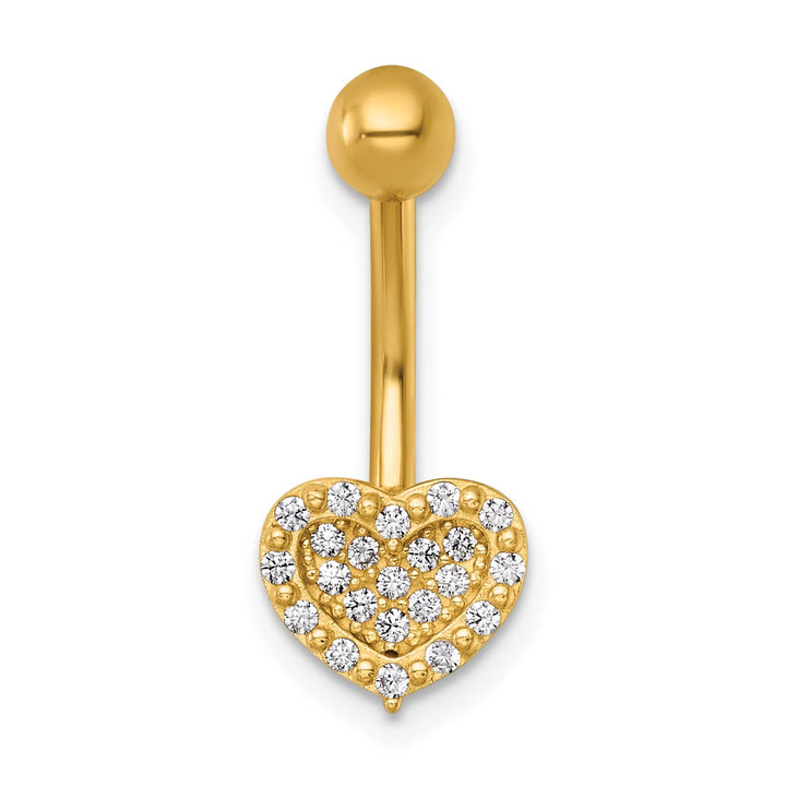 14K Yellow Gold 14 Gauge Polished Pave CZ Heart Navel Ring