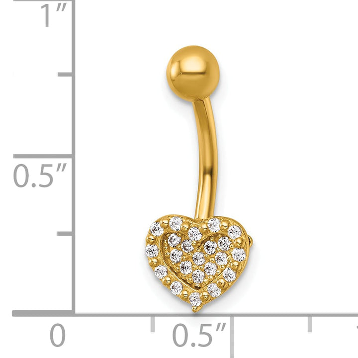 14K Yellow Gold 14 Gauge Polished Pave CZ Heart Navel Ring