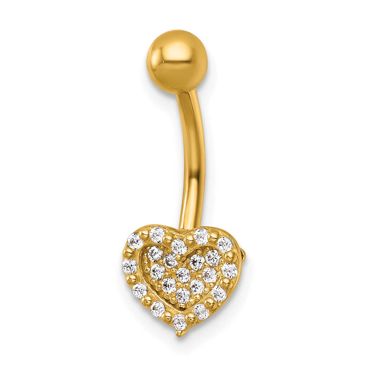 14K Yellow Gold 14 Gauge Polished Pave CZ Heart Navel Ring