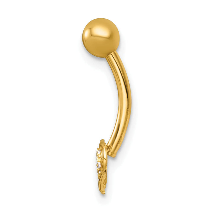 14K Yellow Gold 14 Gauge Polished CZ Double Heart Navel Ring
