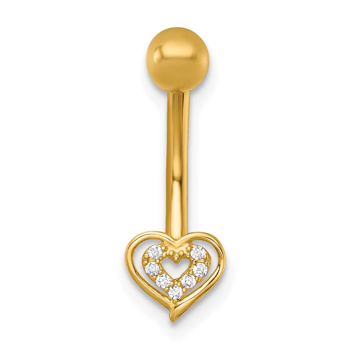 14K Yellow Gold 14 Gauge Polished CZ Double Heart Navel Ring