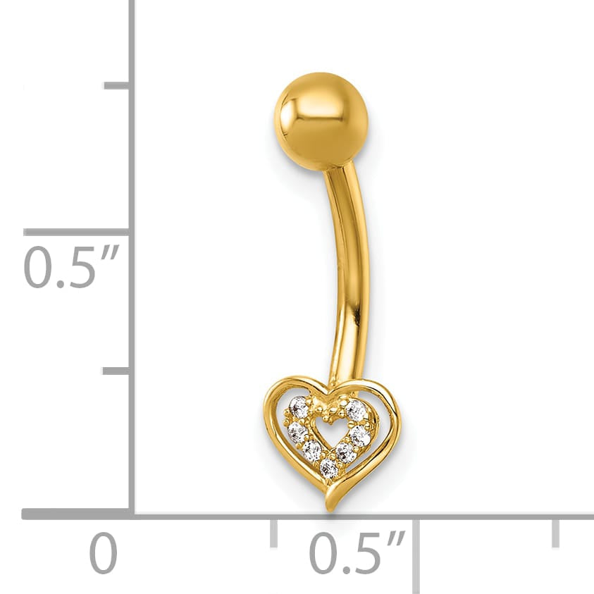 14K Yellow Gold 14 Gauge Polished CZ Double Heart Navel Ring