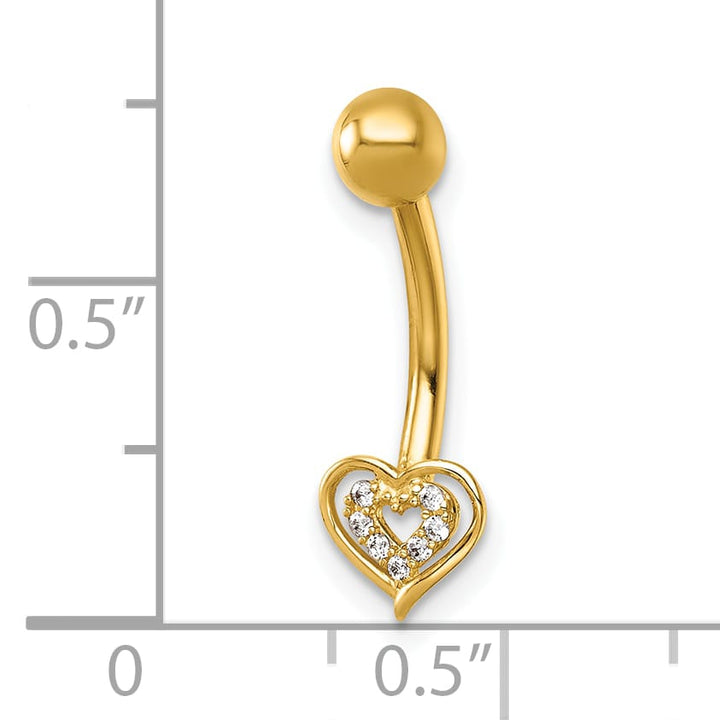 14K Yellow Gold 14 Gauge Polished CZ Double Heart Navel Ring
