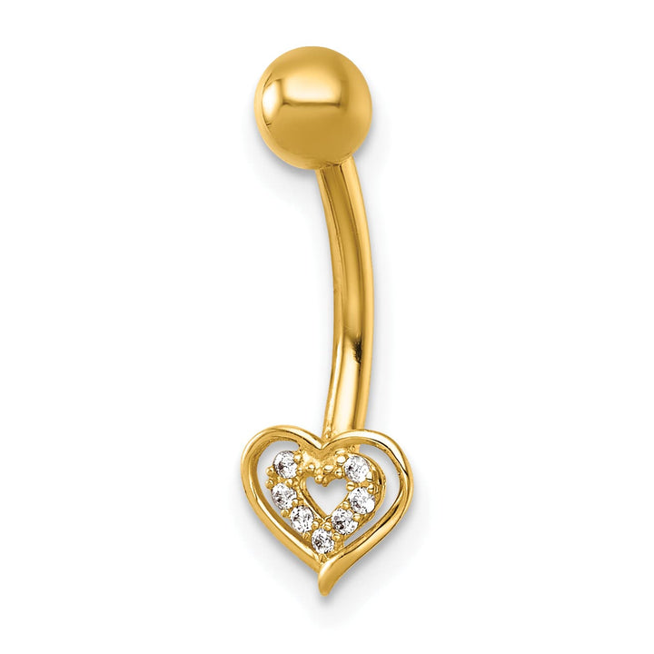 14K Yellow Gold 14 Gauge Polished CZ Double Heart Navel Ring