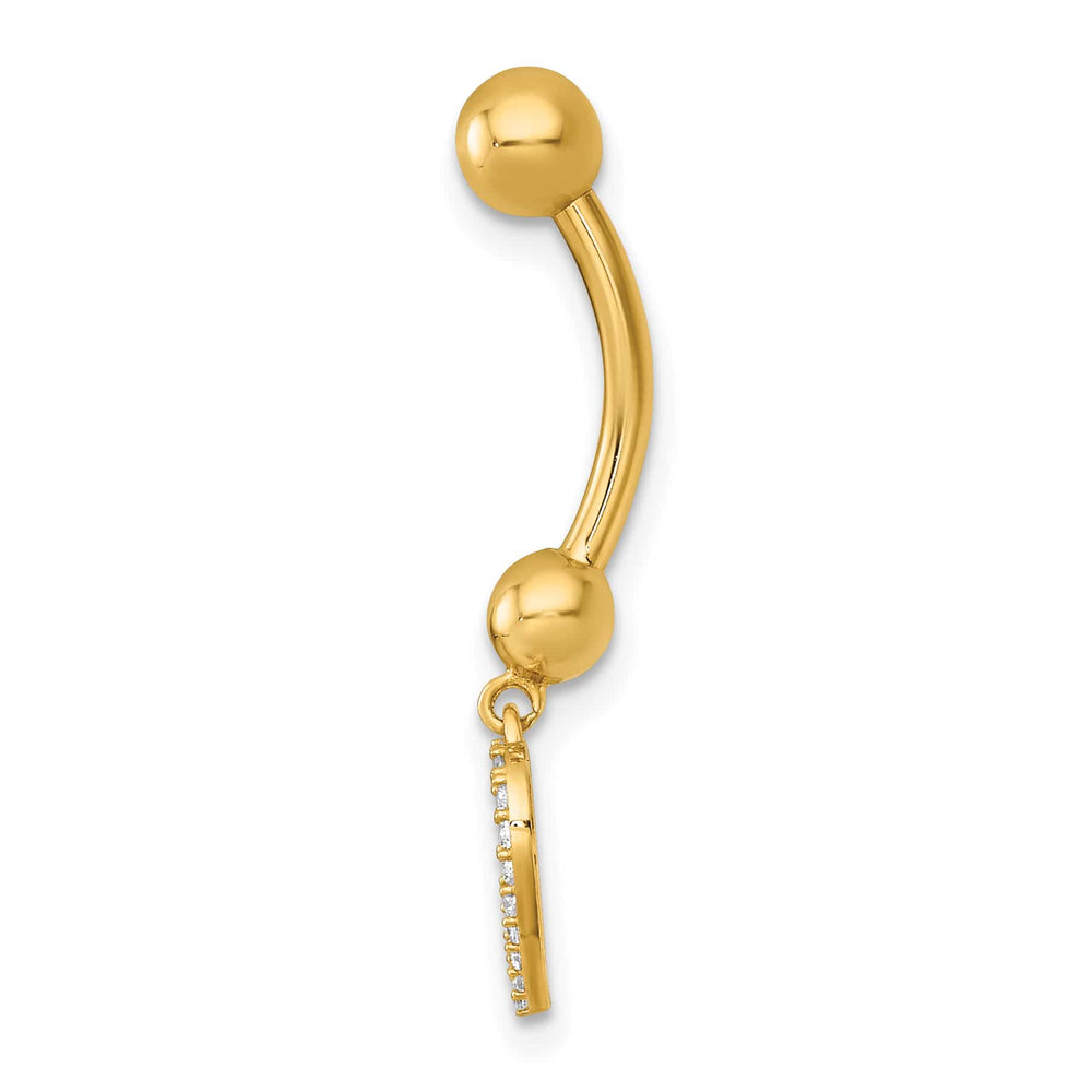 14K Yellow Gold 14 Gauge Polished CZ Dangling Open Heart Navel Ring