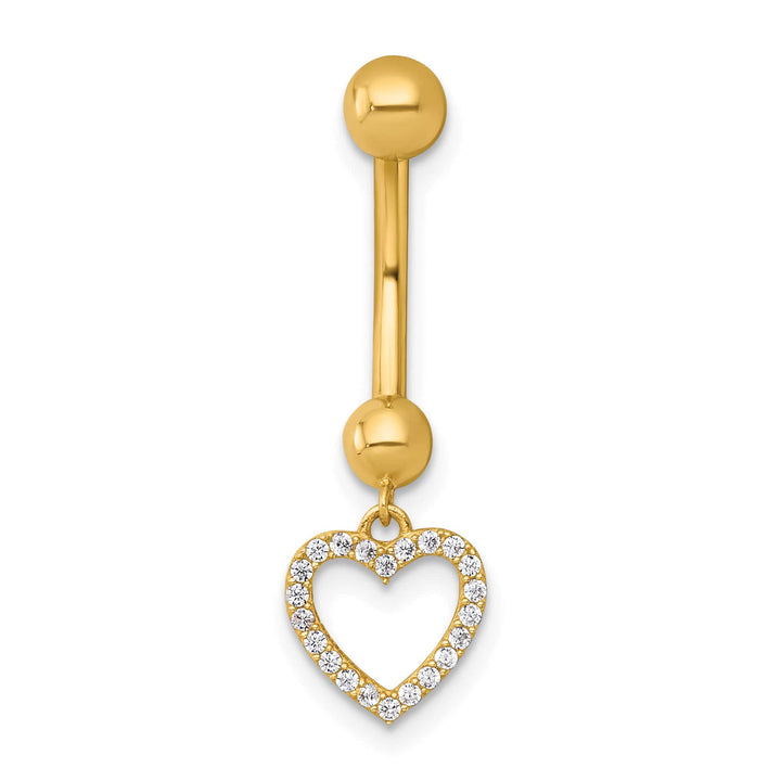14K Yellow Gold 14 Gauge Polished CZ Dangling Open Heart Navel Ring