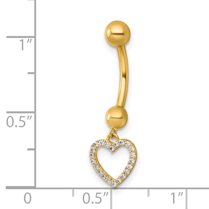 14K Yellow Gold 14 Gauge Polished CZ Dangling Open Heart Navel Ring