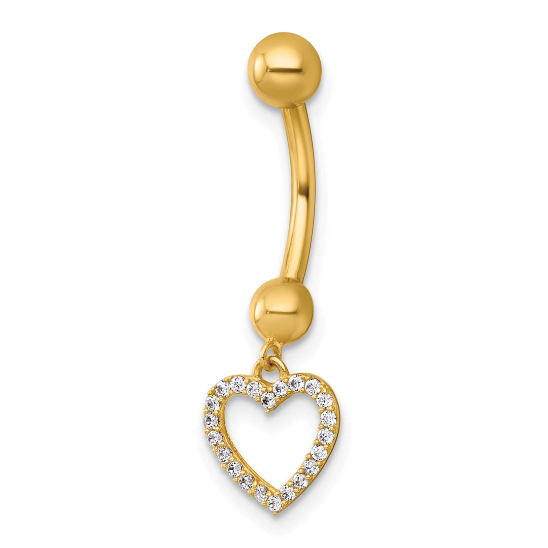 14K Yellow Gold 14 Gauge Polished CZ Dangling Open Heart Navel Ring